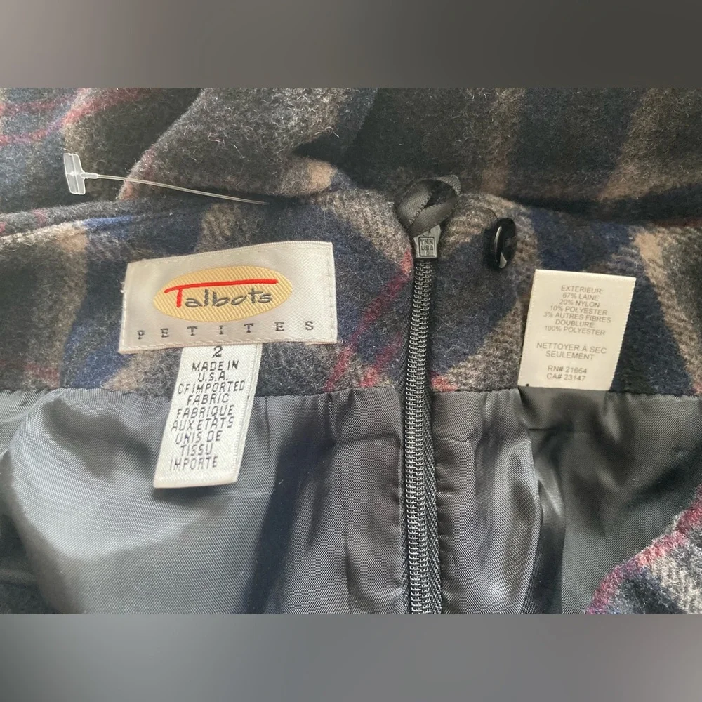 Talbots 2p Petite Vintage Wool Tartan Plaid Pencil Skirt Grey Navy Thick fleece - Picture 3 of 5